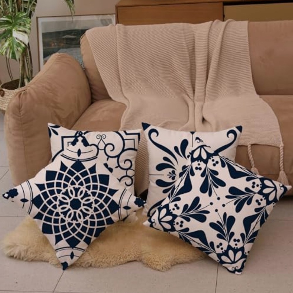 Geometric Navy Blue Flower Decorative Throw Pillow Covers 20x20”, Set of 4 - Picture 3 of 6